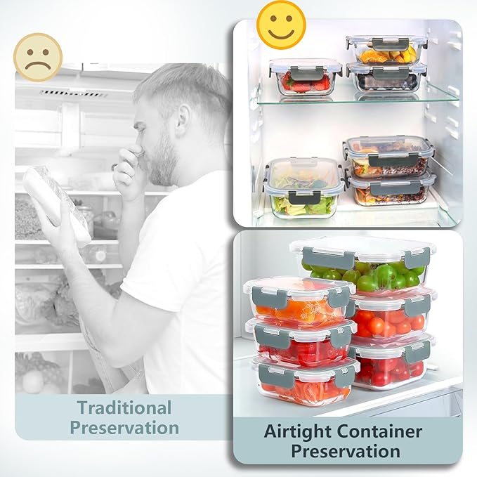 12 Pack Glass Food Storage Container Set with Snap Locking Lids Airtight, Stackable Borosilicate Glass Meal Prep Containers, Microwave, Oven, Freezer and Dishwasher Safe (Gray)