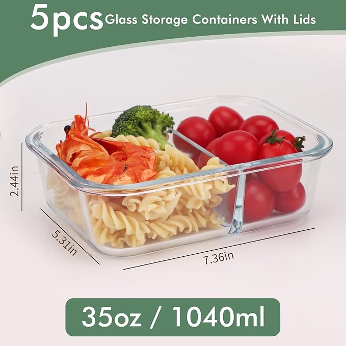 5-Pack Glass Storage Containers,Glass Food Container with Lid,Lunch Box,Bento Box,Storage Box,Meal Prep Containers,Lunch Containers,Fruit Preservation Boxes,Two-partition-White