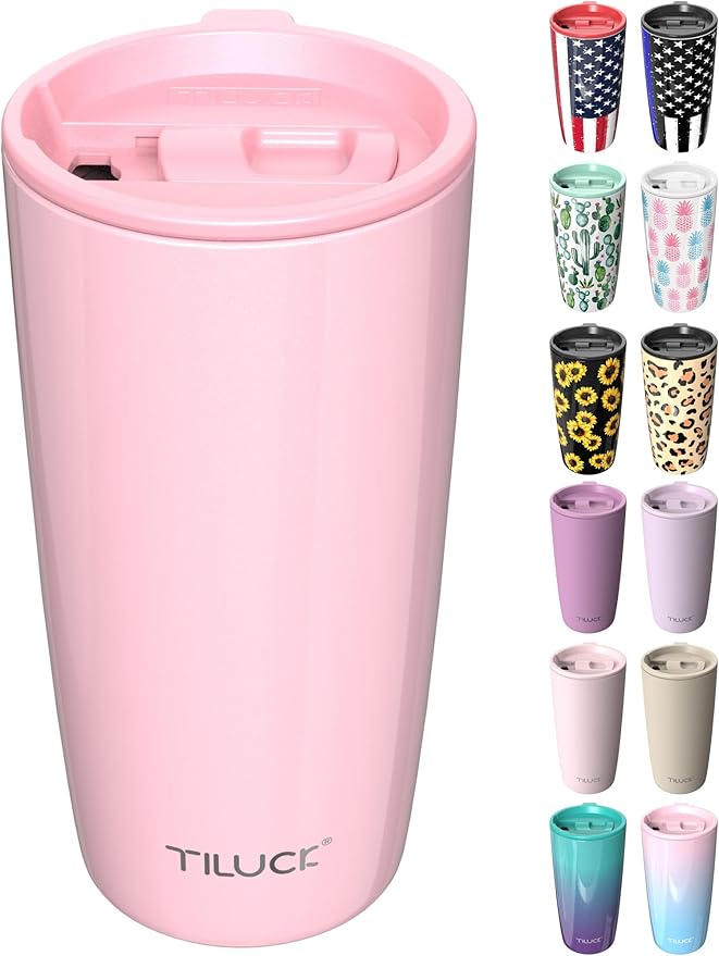 TILUCK 20 oz Tumbler with Leak-Proof Lid, Vacuum Insulated Stainless Steel Coffee Mug, Double-Walled Travel Tumbler for Hot and Cold Drinks(GlitterPink, 20oz)