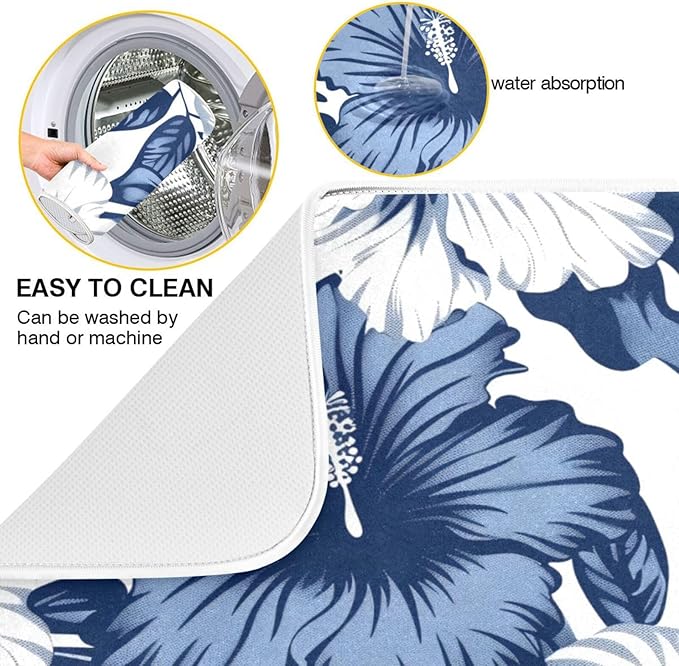 Blue White Hibiscus Flowers Dish Drying Mat for Kitchen Counter Super Absorbent Dishes Pad Reversible Microfiber Protector Dish Draining Mats 18x24 inch