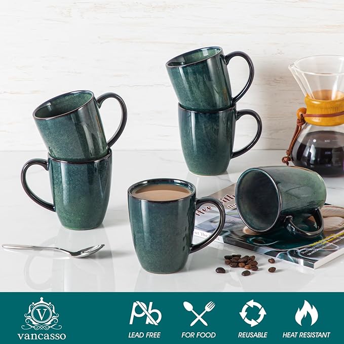 vancasso STARRY Ceramic Coffee Mug Set of 6, 12 Oz Tea Cups with Handle for Latte, Tea, Cappuccino, Milk, Cocoa, Microwave&Dishwasher Safe, Green