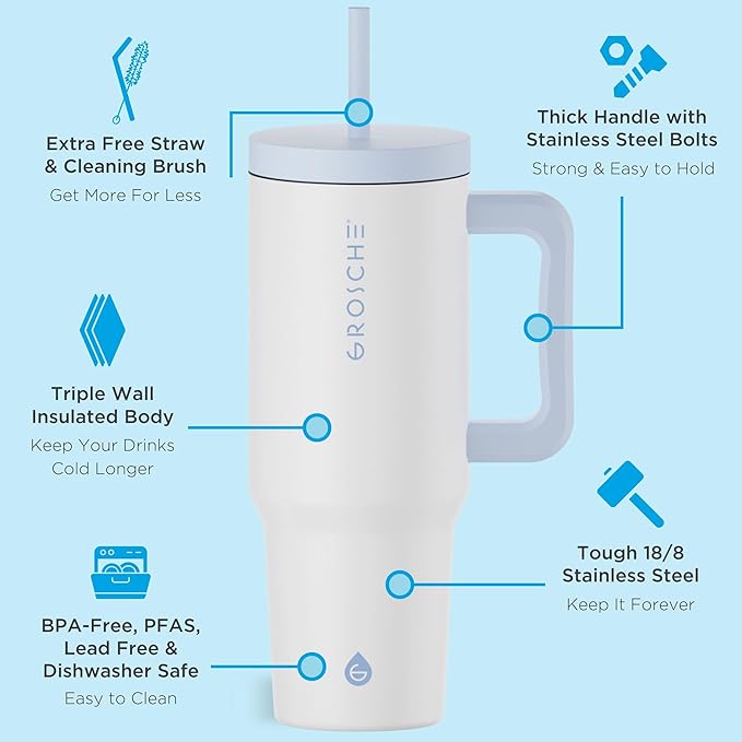 GROSCHE ASPEN 40 oz tumbler with handle and straw. Extreme insulation, classy design, built to last insulated stainless steel tumbler with handle, lid and straw - Frost White