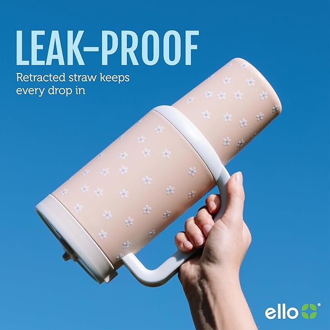 Ello Oasis 40 oz Tumbler with Handle & Retracting Straw | Reusable Insulated Stainless Steel Cup 100% Leakproof, Gifts for Teens Women Men | Keeps cold for 20 Hours, Cup Holder Friendly, Sunrise Glow