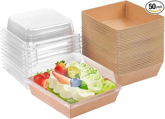50 Pack Small Paper Charcuterie Boxes with Clear Lids, Dessert Boxes Square Disposable Paper Bakery Boxes to Go Food Containers for Desserts, Sandwich, Cookie, Sushi, Cake Slice and Strawberries