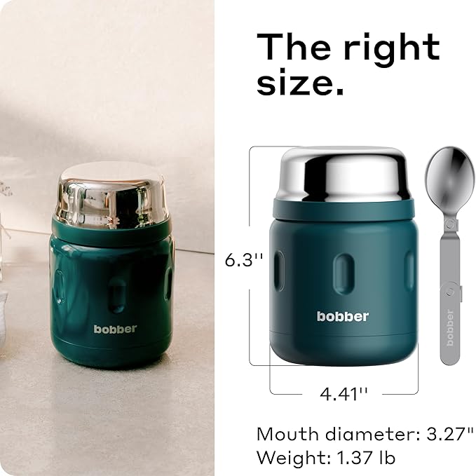 BOBBER 16 oz Wide Mouth Insulated Thermos Food Jar for Soup and Hot Food – Stainless Steel with Built-in Spoon and Bowl – Keeps Hot for 10 Hours, Cold for 15 Hours (Deep Teal)