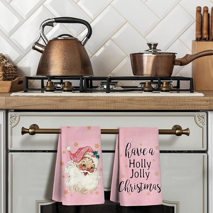 Pink Kitchen Accessories,Pink Kitchen Towels,Christmas Santa Claus Dish Towels Set of 2,Hand Towels for Bathroom,Gifts for Women,Housewarming Gifts 16×24 Inches