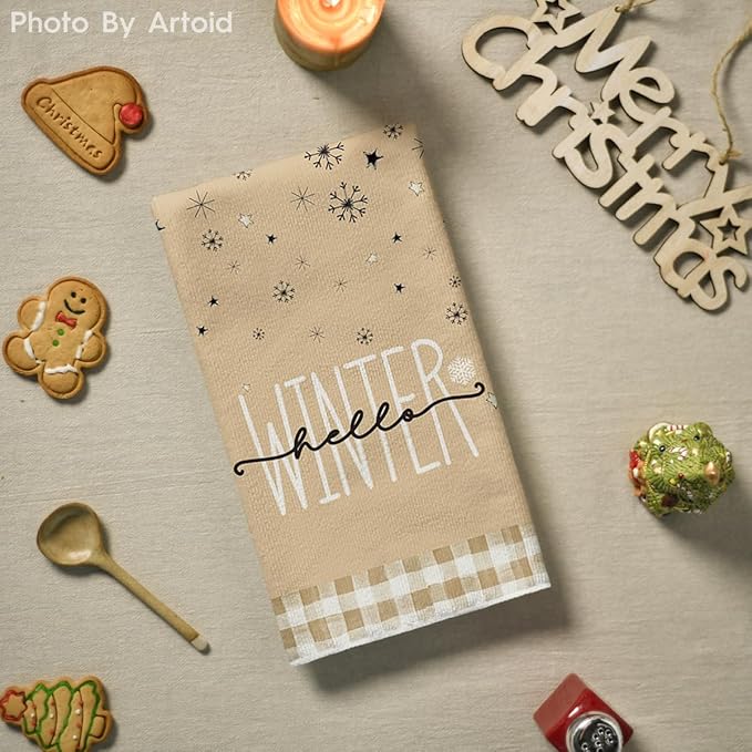 Artoid Mode Brown Buffalo Plaid Snowman Xmas Trees Christmas Kitchen Towels Dish Towels, 18x26 Inch Hello Winter Decoration Hand Towels Set of 4