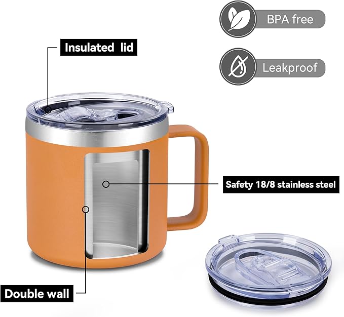 VEGOND 14 oz Insulated Coffee Mug with Handle, Stainless Steel Travel Coffee Mug with Lid, Double Wall Vacuum Metal Coffee Cup, Coffee Tumbler Powder Coated, Orange 1 Pack