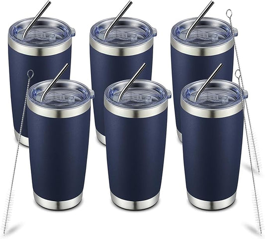 COMOOO 20oz Stainless Steel Tumbler Bulk with Lid and Straw Insulated Coffee Tumbler Cup Double Wall Vacuum Travel Mug for Cold Drinks and Hot Beverage (Navy,6 Pack)