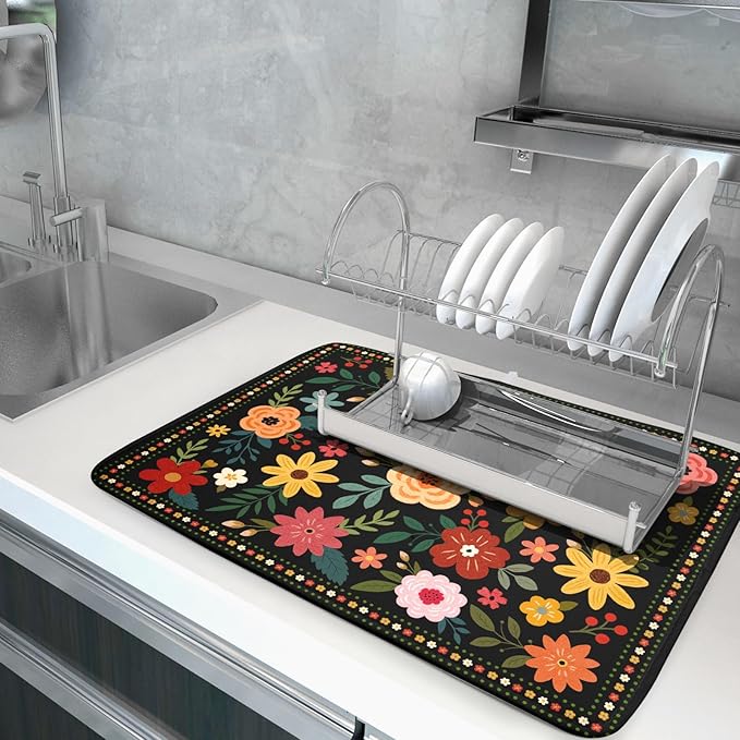 Boho Floral Dish Drying Mat 18x24 Inch Colorful Flower Dishes Dry Mats Absorbent Washable Drainer Rack Pad Protective Kitchen Counter Decor