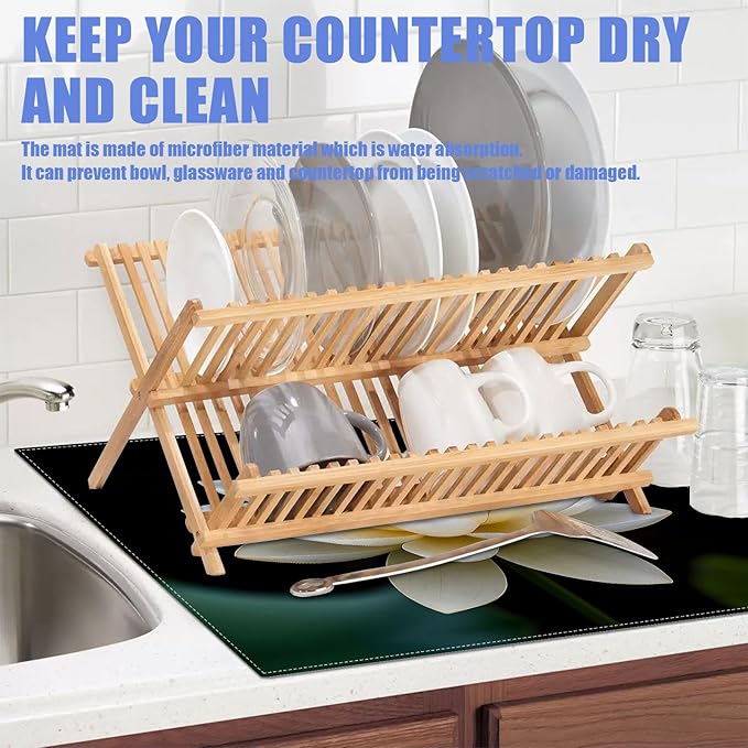 White Louts Flower Dish Drying Mat for Kitchen Counter Floral Drying Pad Absorbent Reversible Dish Drainer Rack Mats Draining Pad 18"x24"Inch