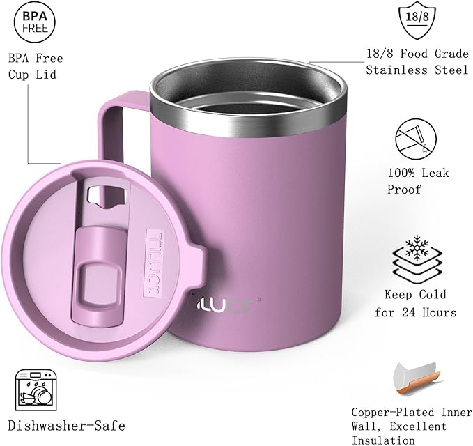 TILUCK 12 oz Insulated Coffee Mug with Lid, Leak-Proof Stainless Steel Travel Mug Cup with Handle for Hot or Cold Drinks(Lilac, 12oz)