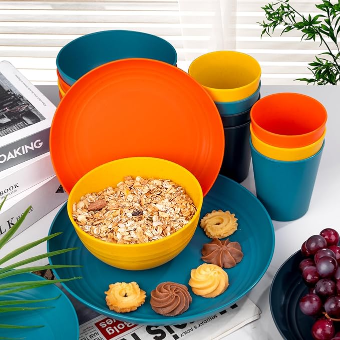Supernal 32pcs Wheat Straw Dinnerware Sets,Plastic Plates and Bowls Sets for 8 Unbreakable Plates and Bowls Sets Dishwasher Safe Microwave Safe Fun Colors Perfect for Cooking Family Camping Picnics