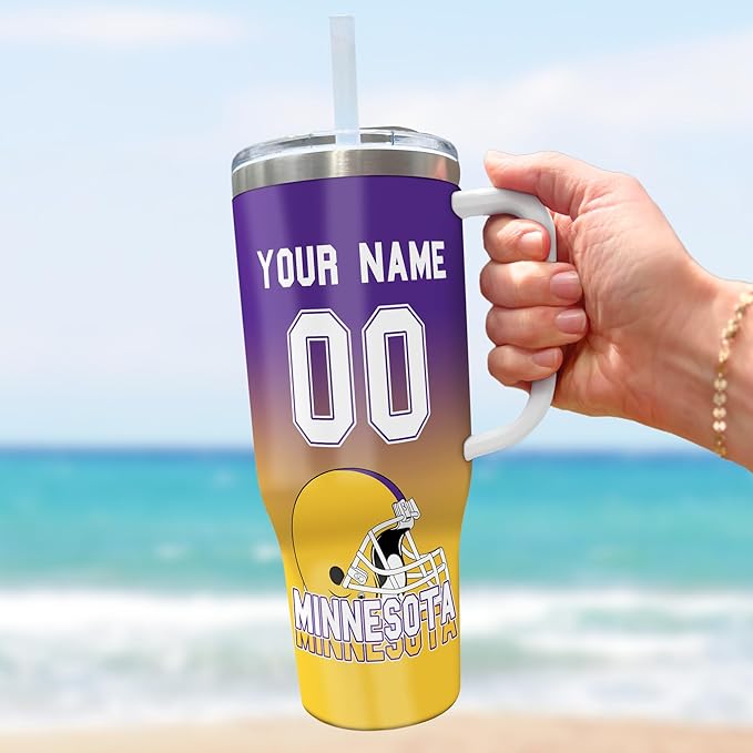 Custom Football Tumbler with Handle & Straw, Personalized 40oz Stainless Steel Insulated Travel Mug, Name & Number Cup, Sports Gift for Game Day Fans (Minnesota)
