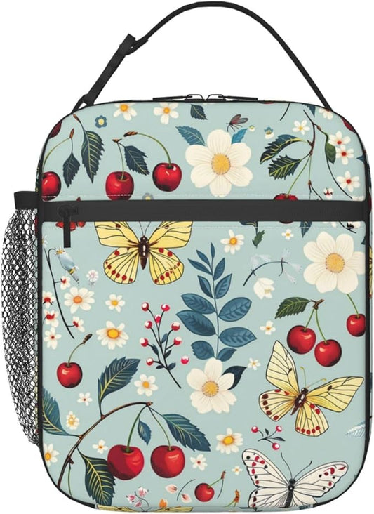 Reusable Cherry Lunch Box for Kids Girls Boys Women Adult, Insulated Cute Butterfly Lunch Bag,Polyester Cooler Floral Handbags Case for School Picnic Work Travel Beach or Hiking (Light Blue)