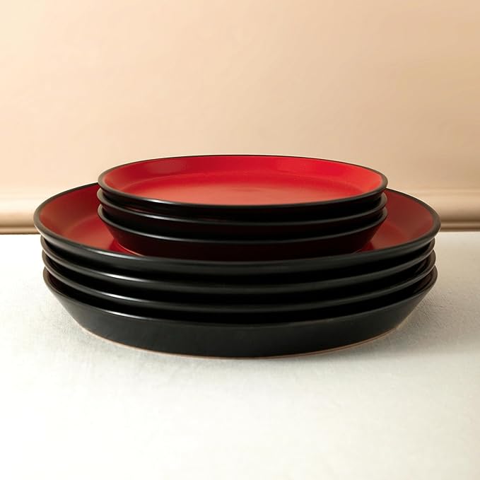 Stone Lain Albie Stoneware 16 Piece Dinnerware Set, Plates and Bowls Sets, Dish Set for 4, Red and Black, Microwave & Dishwasher Safe