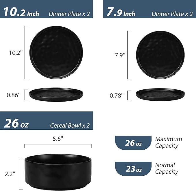 LIANYU Dinnerware Dishes Sets for 2, 6 Piece Stoneware Plates and Bowls Dishware Set, Ceramic Dinning Ware Includes Dinner Salad Plates, Cereal Bowls, Chip & Scratch Resistant, Obsidian Matte Black