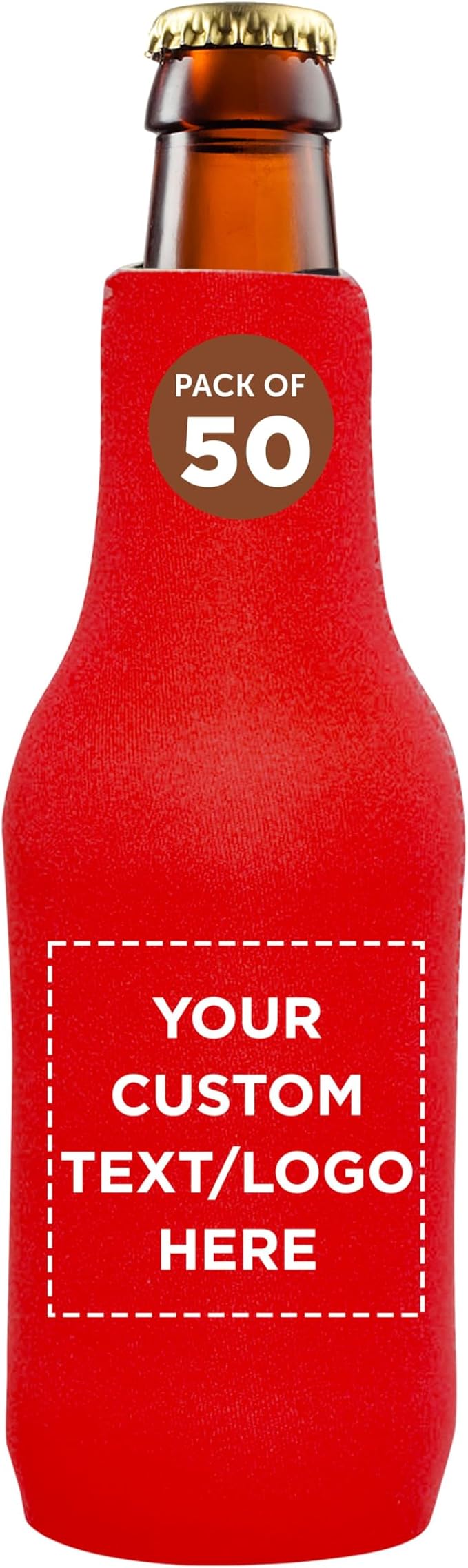 50 Neoprene Zippered Beer Bottle Coolies Pack - Customizable Text, Logo - Sharkskin Rubber Bottom - Red