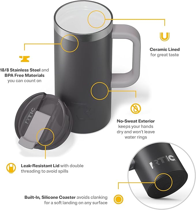 RTIC 16oz Road Trip Travel Mug with Lid and Handle, Ceramic Lined, Insulated, Stainless Steel, Metal, Double Wall Vacuum-Insulation, Portable Coffee, Tea Cup for Hot and Cold Drink, Graphite