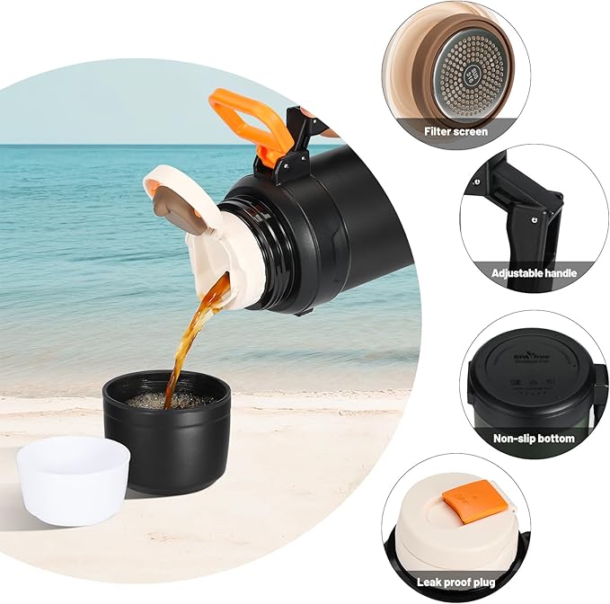 88oz Large Coffee Thermo for Travel, 2500ml Insulated Stainless Steel Water Bottle with Cup and Handle, Water Jug for 24hr Hot and Cold drinks, Vacuum Flask for Camping, Fishing & Working, Black
