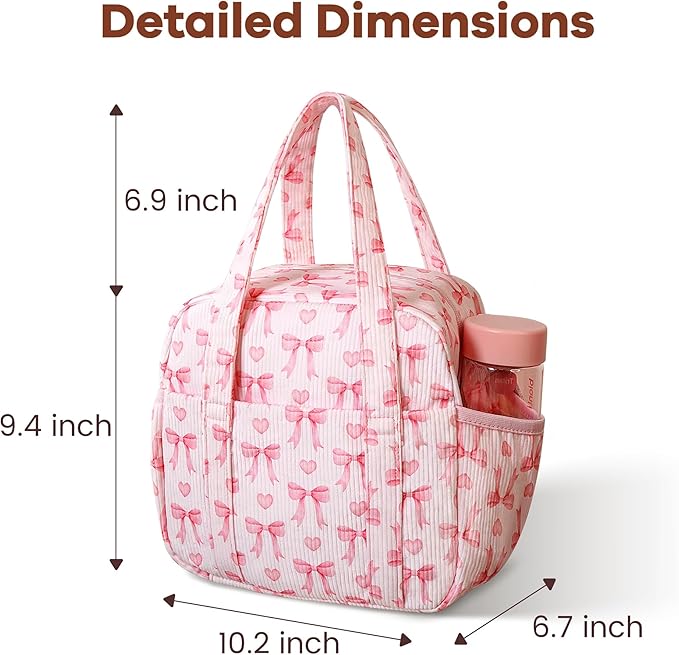 Yarnic Lunch Bag Women Men Insulated, Large Corduroy Lunch Box for Work with Bottle Pockets, Stylish Reusable Cooler Tote for Adults Teachers Picnic Hiking (Pink Bow)