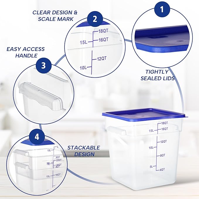 4 Pack Food Storage Containers, 18 Quart with Lids, Square Commercial Containers with Scale, Clear NSF Food Organizing, Polycarbonate