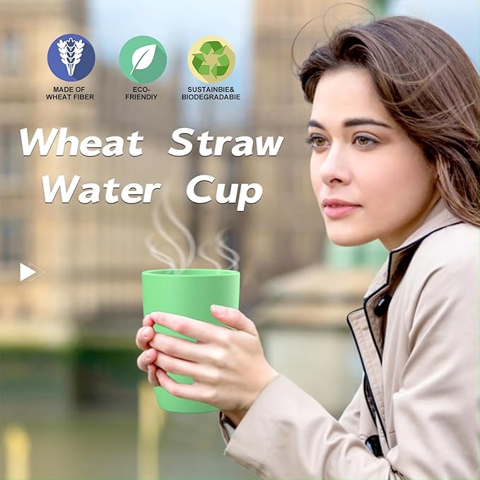 Wrova unbreakable wheat straw cups 20oz set of 6 with textured pattern anti slipping,big plastic drinkings cups microwave safe and dishwahser safe.White-Green-Blue