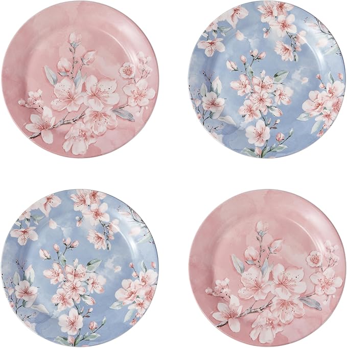 Bico Spring Sakura Salad Plates Set of 4, 8.75 Inch Ceramic Dessert Plates for Salad, Appetizer, Side Dishes, Microwave and Dishwasher Safe, Gift for Housewarming and Thanksgiving