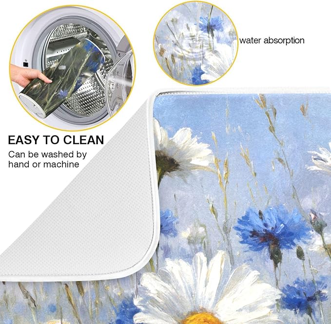 White Daisies and Cornflowers Dish Drying Mat for Kitchen Counter Super Absorbent Dishes Pad Reversible Microfiber Protector Dish Draining Mats 18x24 inch