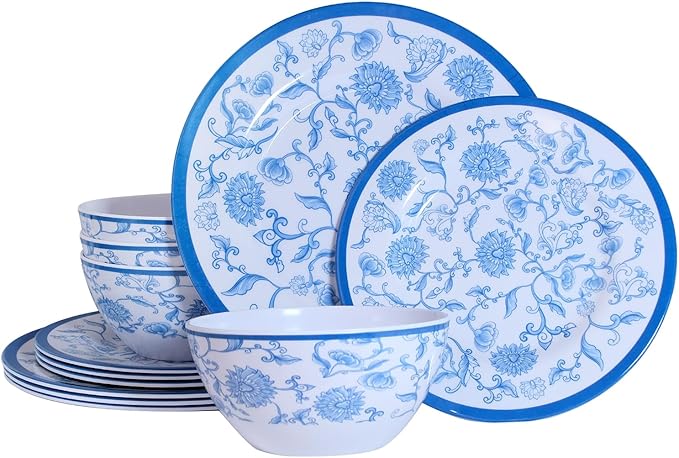 Melamine Dinnerware Set 12-Piece for 4 Dish Set Plates Bowls Unbreakable Dishware for Indoor Outdoor Use Lightweight Durable for Camping Picnics Parties Blue