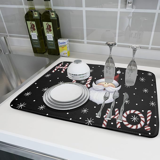 Christmas Santa Laugh Dish Drying Mat Winter Snowflakes Black Dish Drainer Mats Xmas Candy Cane Stick Sweet Dish Dry Pad for Kitchen Countertop Coffee Bar 18x24 inch Large