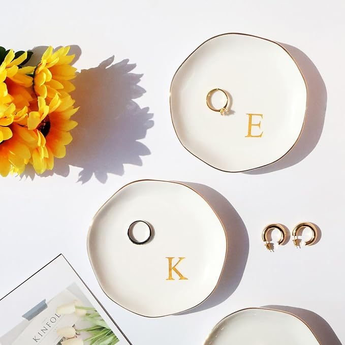 Ceramic Jewelry Tray Initial Ring Dish Personalized S-Monogrammed Engagement Wedding Gifts, for Birthday Mother's Day Christmas for Women, Ceramic White 4.75" (S)