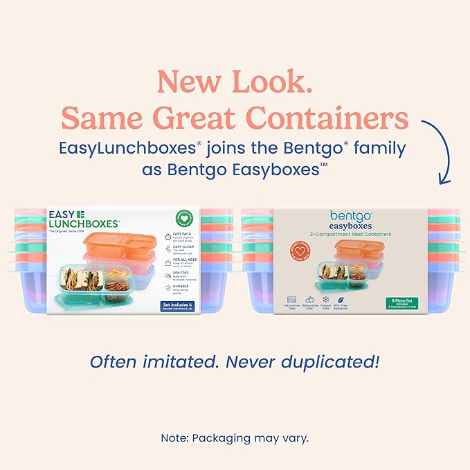 Bentgo Easyboxes - Original Stackable Lunch Boxes - Reusable 3-Compartment Food Containers for Kids and Adults - Bento Lunch Box for Meal Prep, School, & Work - BPA Free, Set of 4 (Pastels)