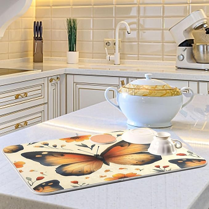 Watercolor Butterfly Pattern Dish Drying Mat for Kitchen Counter Super Absorbent Dishes Pad Reversible Microfiber Protector Dish Draining Mats 18x24 inch