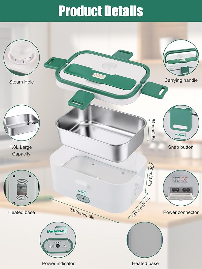 Buddew Electric Lunch Box for Adults, 80W Heated Lunch Box 1.8L Stainless Steel Portable Food Warmer,12/24/110V Lonchera Electrica Portatil for Travel & Work, Loncheras para Hombres de Trabajo(Green)