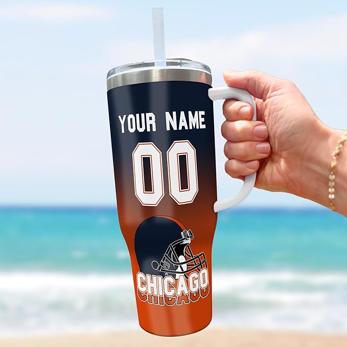 Personalized 40oz Football Stainless Steel Tumbler with Handle & Straw, Custom Insulated Travel Mug, Add Name & Number Cup, Coffee Gift for Sports Fans (Chicago-01)