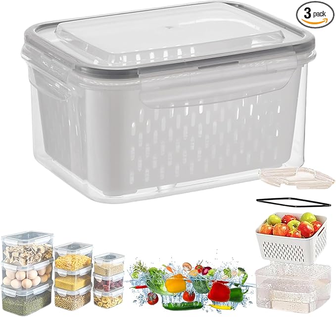 Relativityi Transparent Plastic Food Storage Containers, Relativityi Household Transparent Plastic Food Storage Box-Including Drain Basket with Removable Colander (Gray, M)