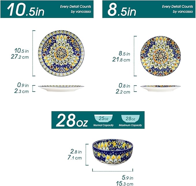 vancasso 12 Pieces Dinnerware Sets, Blue Plates and Bowls Set, Porcelain Dishes Set for 4, Microwave and Dishwasher Safe, Scratch Resistant, Bohemian Style Dining Ware Service for 4, Series SIMI