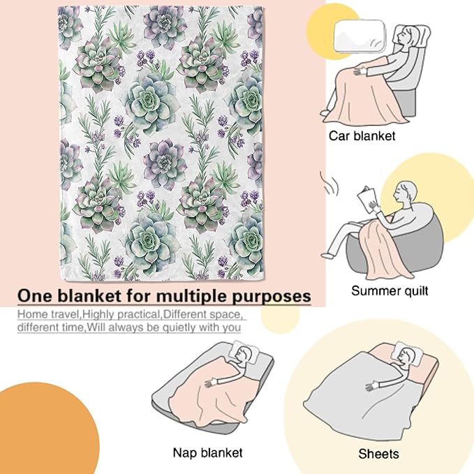 Succulent Blanket Botanical Floral Throw Blankets Lightweight Flannel Throws for Camping Couch Chair Office Bed Home Spring Summer Decor Gifts for Plant Lover,80x60inch
