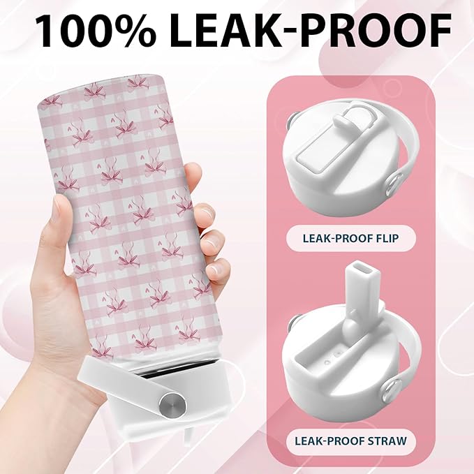 Pink Bow Gifts, 16 oz Water Bottle with Straw Lid, Stainless Steel Insulated Pink Bow Tumbler, Cute Water Bottles for Birthday Christmas