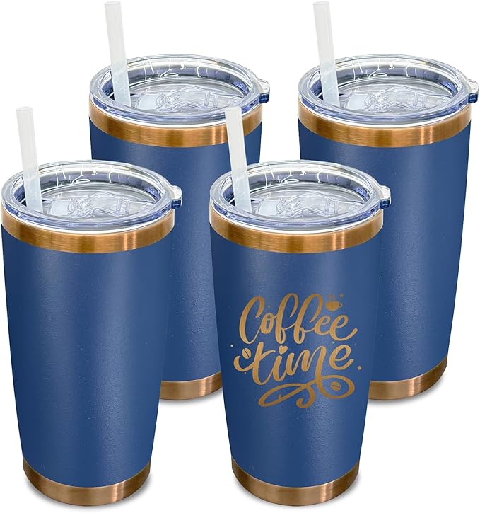 20 oz Tumbler Bulk 4 Pack Stainless Steel Tumblers with Lids and Straws, Double Wall Vacuum Insulated Travel Coffee Mug for Laser Engrave, Powder Coated Cups for Hot and Cold Drinks (Navy,4 pack)