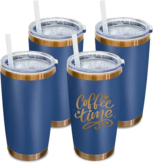 20 oz Tumbler Bulk 4 Pack Stainless Steel Tumblers with Lids and Straws, Double Wall Vacuum Insulated Travel Coffee Mug for Laser Engrave, Powder Coated Cups for Hot and Cold Drinks (Navy,4 pack)