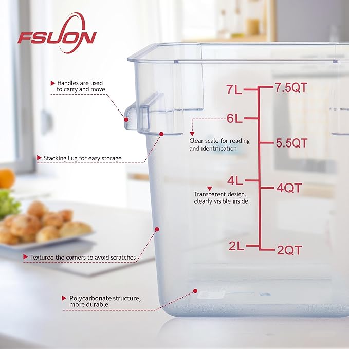4 Pack Clear Food Storage Containers with Lids and Handles Polycarbonate Square Commercial Food Containers, NSF (8Qt)