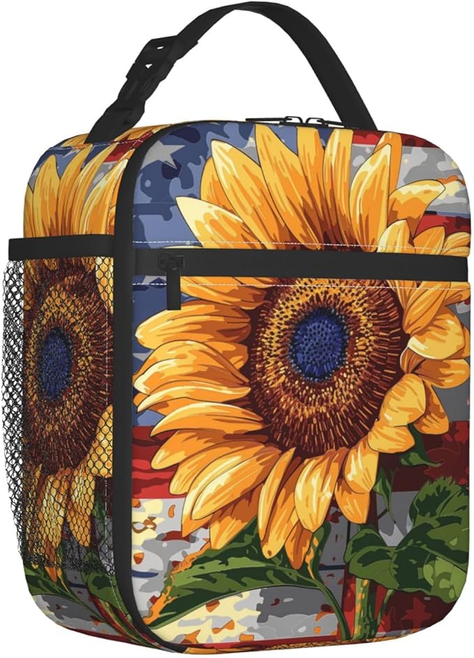 Sunflower Lunch Box for Kids Aldults, Patriotic Floral Reusable Thermal Insulation Cooler Tote Bags, American Flag Rustic Bloom Insulated Bag for Student, School Picnic Camping Travel, Gifts