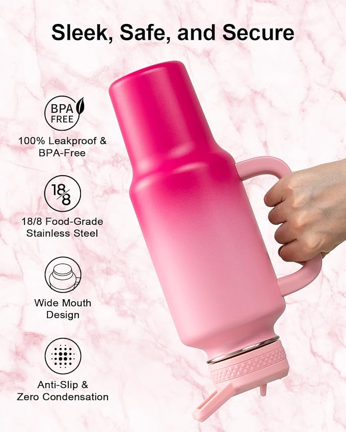 Trebo 40 oz Water Bottle Insulated with Handle, Leakproof Keep 24hrs Cold &Hot,Stainless Steel Travel Tumbler that Fits in Car Cup Holder with Straw Lids,Pink Reusable Water Bottles for women