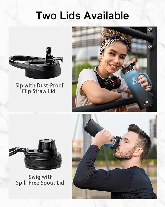 Trebo 40oz Water Bottle Insulated with Handle, Stainless Steel Metal Large Jug,Travel Flask with Straw Spout Lid,Mug Tumbler Cup with Carry Pouch,Keep Cold Hot, Indigo Black