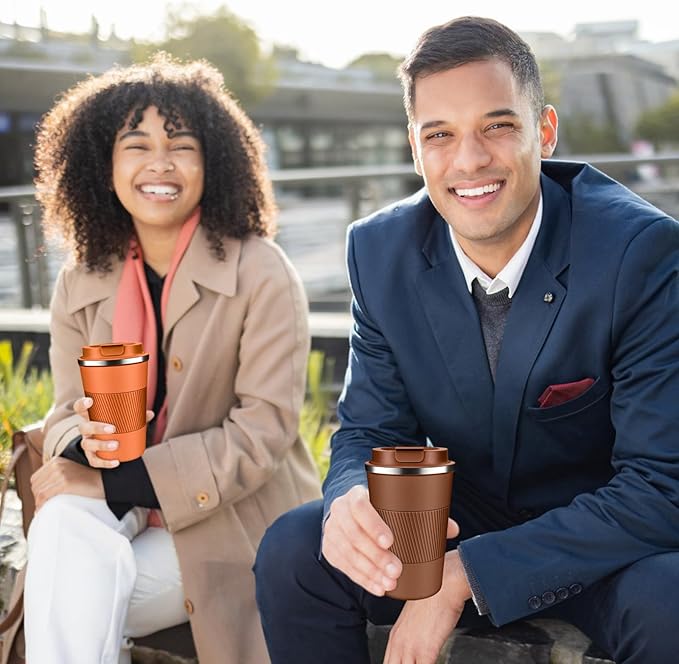 Insulated Coffee Tumbler 12 oz, Stainless Steel Coffee Mug with Lids, Travel Coffee Mug Leak Proof, Double Wall Vacuum Insulated Reusable Coffee Cup, Keep Drinks Hot and Cold (Orange, 12 Ounces)