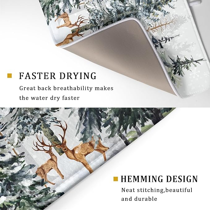 Pine Tree Dish Drying Mat for Kitchen Counter 18x24 Inch Forest Deer Absorbent Dishes Drainer Mats Reversible Microfiber Quick Dry Rack Pad