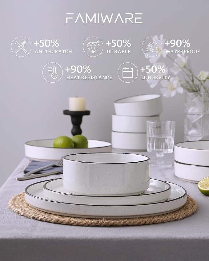 Famiware Nebula Plates and Bowls Sets for 4, 12 Pieces Stoneware Dinnerware Set, Microwave and Dishwasher Safe Dishes Set, White with Black Rim