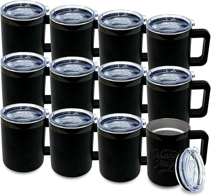 10 oz Tumbler with Handle and Straw Stainless Steel Insulated Coffee Mug for Laser Graving Powder Coated Cup with Black Plated(Black,12 pack)